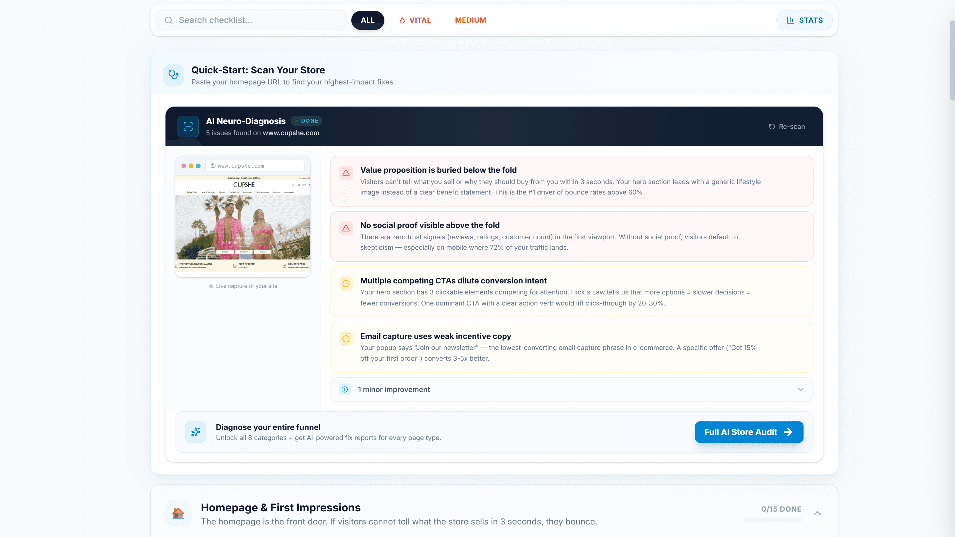 AI Neuro-Diagnosis Scanner showing detected issues and fix recommendations