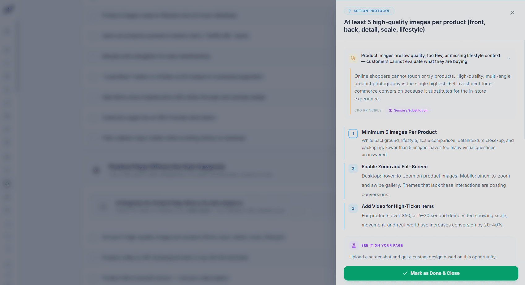 Step-by-step Action Protocol with fix instructions and impact badges